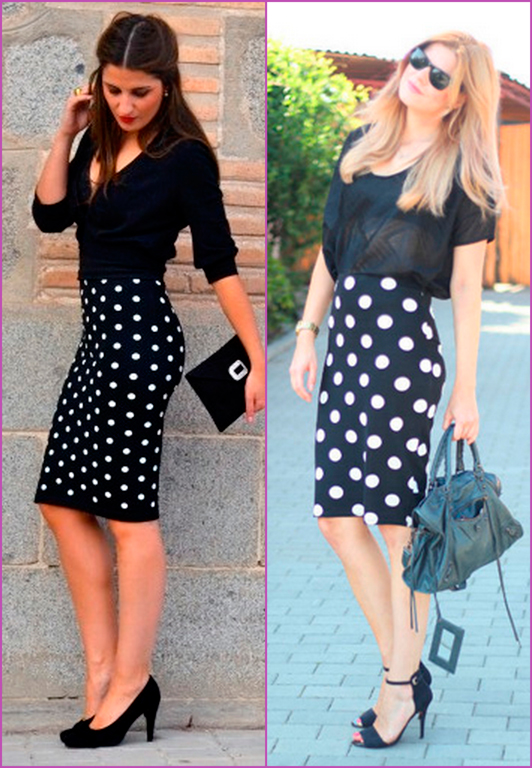 black and white dots pencil skirt falda lápiz con bolas blancas
