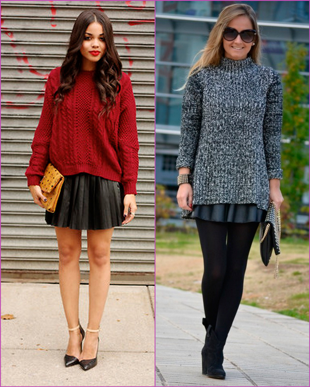 Oversized sweater-leatehr skirt